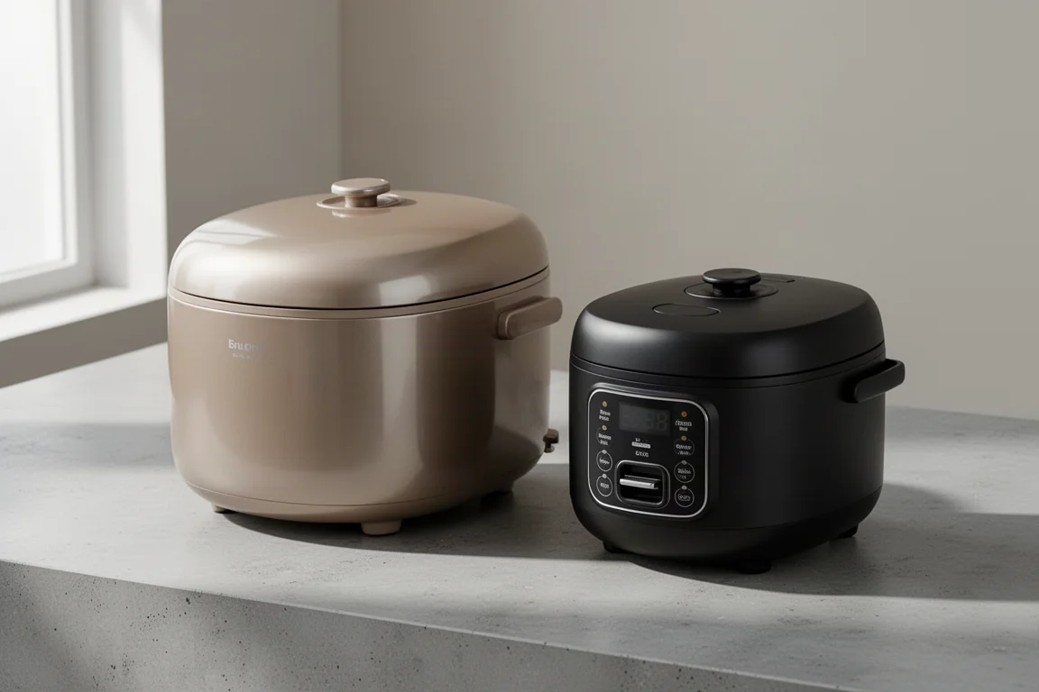 Two rice cookers side by side on a concrete kitchen counter
