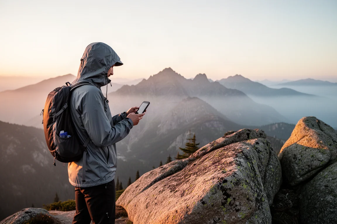 Wanderer auf einem Granitgrat im Morgengrauen, der ein kleines Handgerät prüft