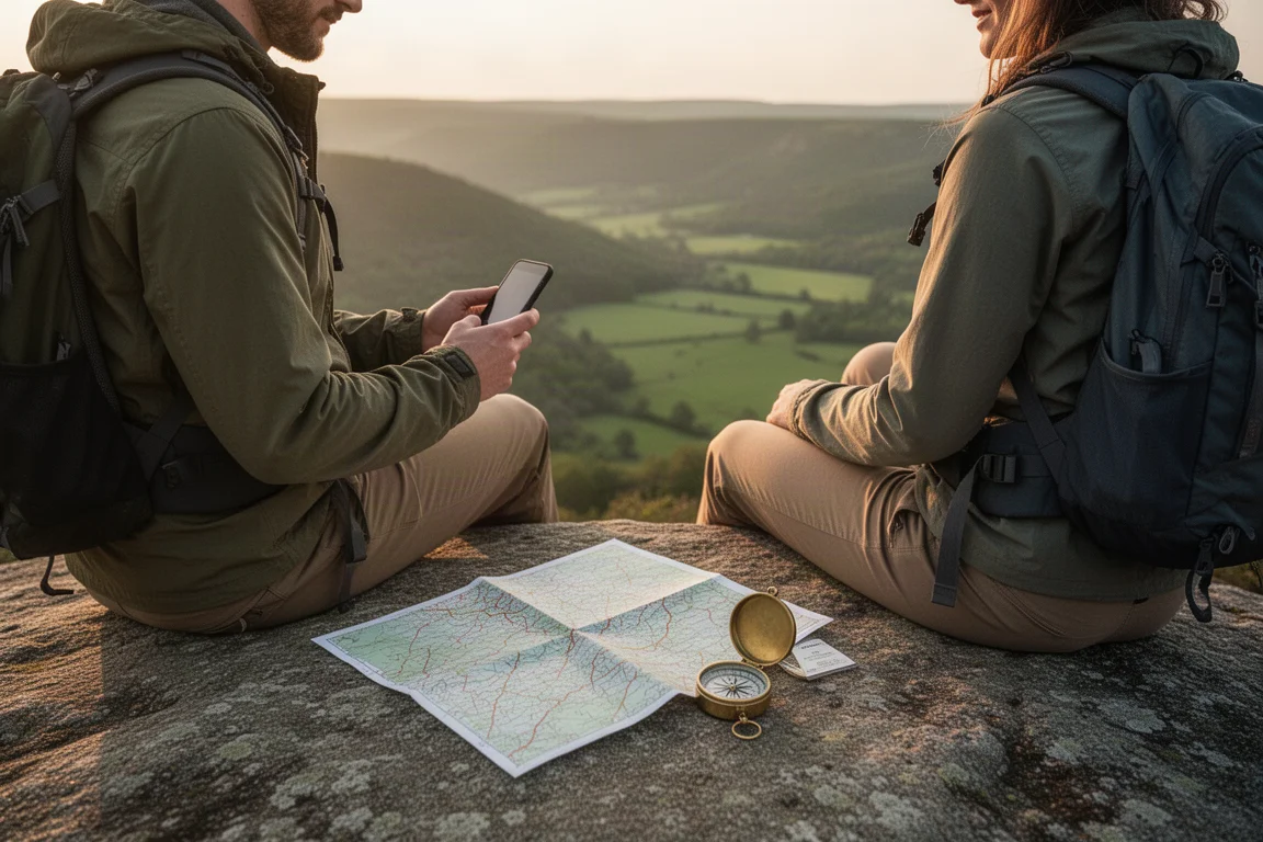Zwei Wanderer sitzen auf einem Findling mit Smartphone, Papierkarte und Kompass