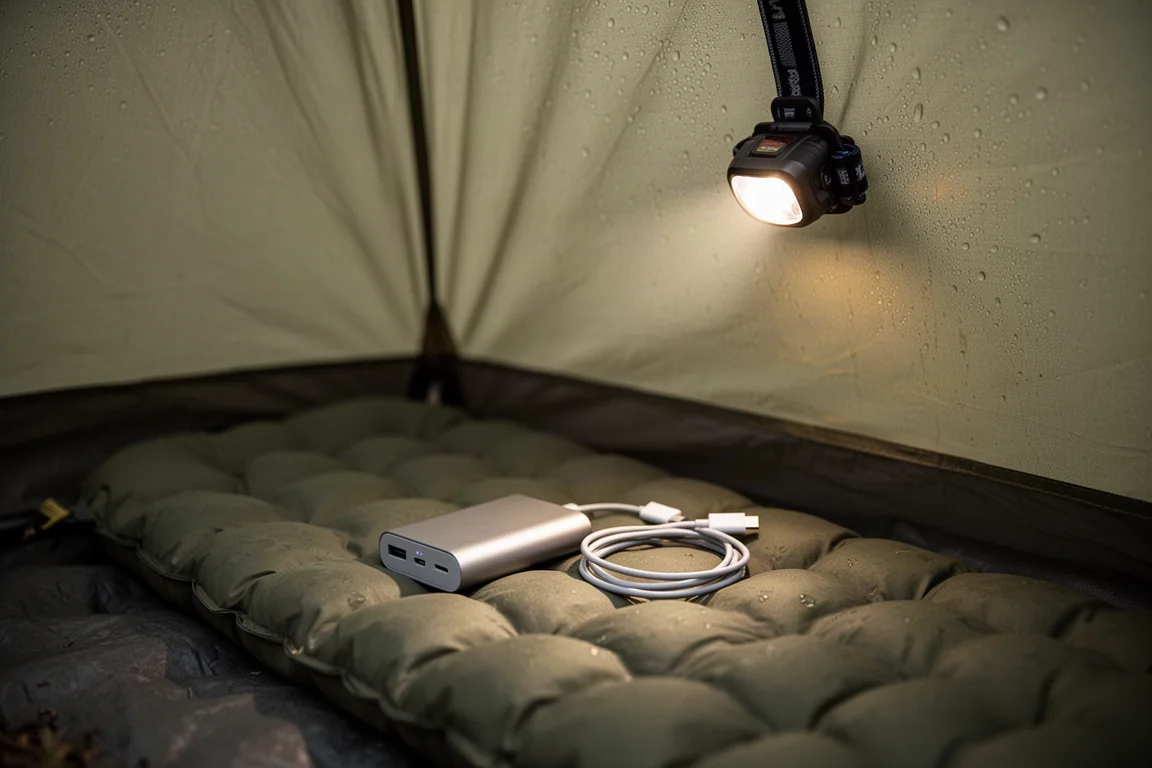 Powerbank und aufgerolltes USB-C-Kabel auf einer Isomatte in einem Zelt