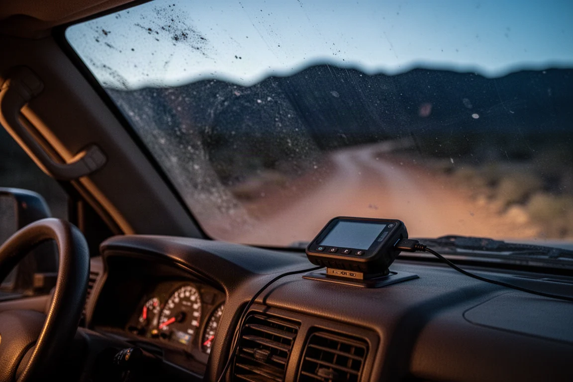 Overlander-Armaturenbrett in der Dämmerung mit einem kleinen Gerät am USB-Anschluss