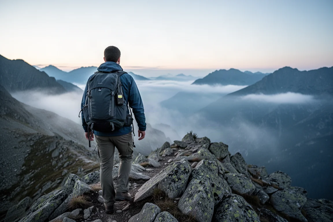 Excursionista caminando por una cresta alpina rocosa al amanecer con un pequeño comunicador sujeto a la correa del hombro