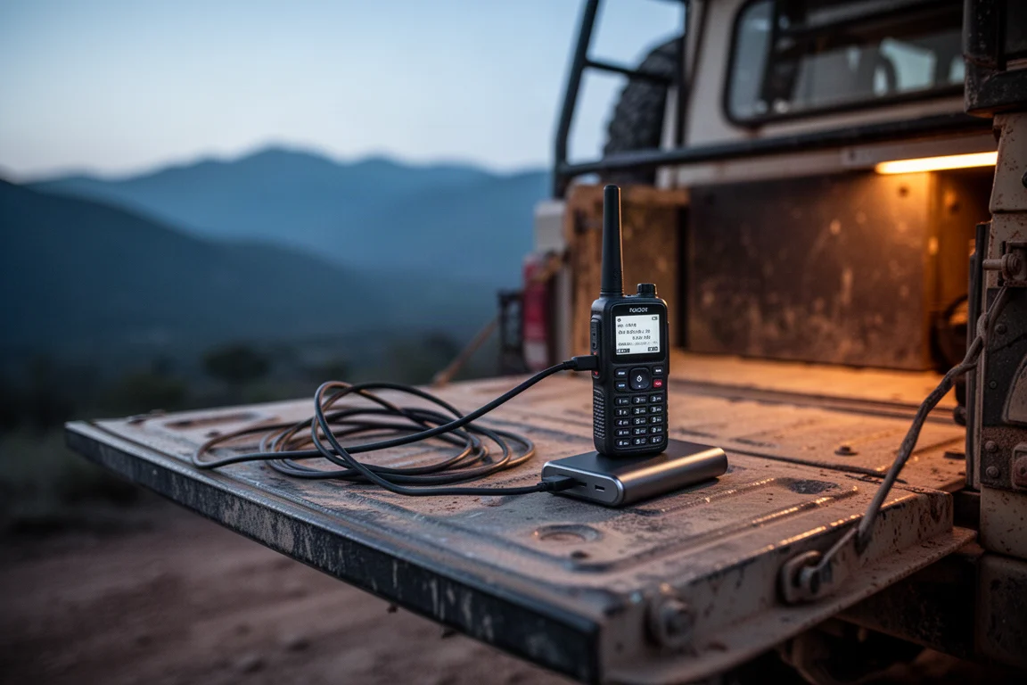 Comunicador satelital conectado a una batería portátil sobre la compuerta polvorienta de un vehículo al atardecer