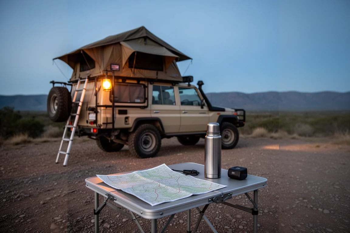 Campamento overland al atardecer con una tienda de techo y una mesa plegable con un mapa y un dispositivo pequeño
