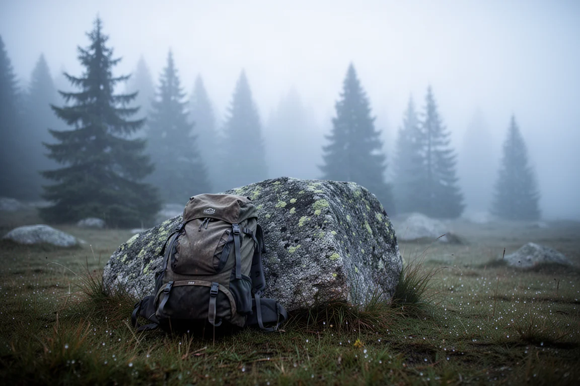 Wanderrucksack lehnt an einem Granitfelsen an einem nebligen alpinen Trailhead