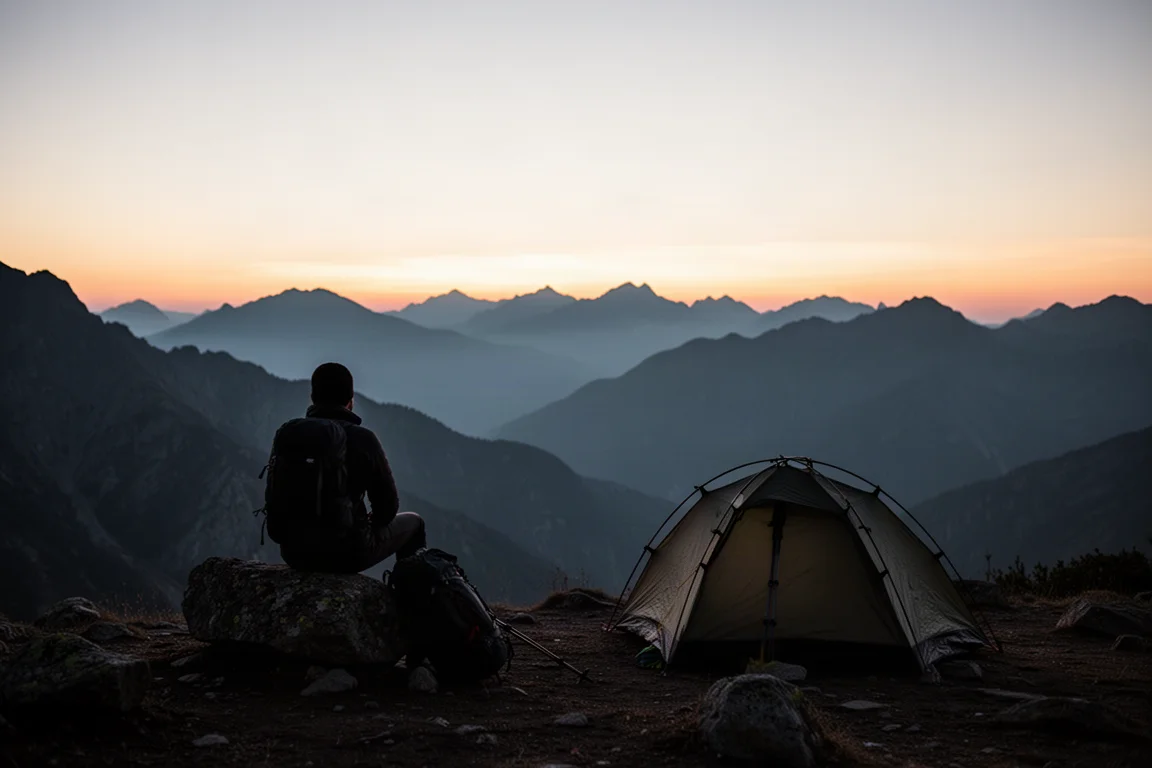 Wanderer sitzt in der Dämmerung auf einem Hochlager, Berge verschwimmen im Zwielicht