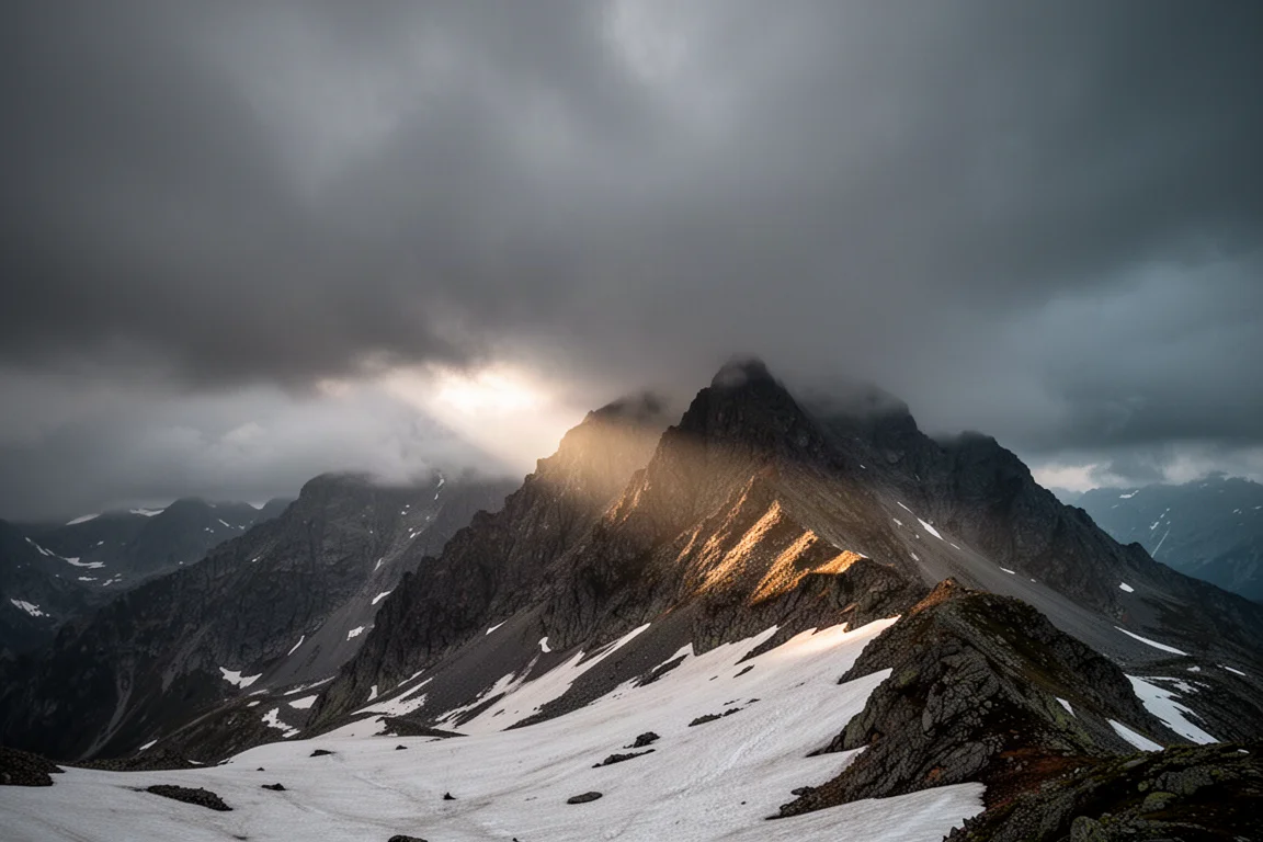 Gewitterwolken brechen über einem schneebedeckten Berggrat mit Sonnenlicht auf