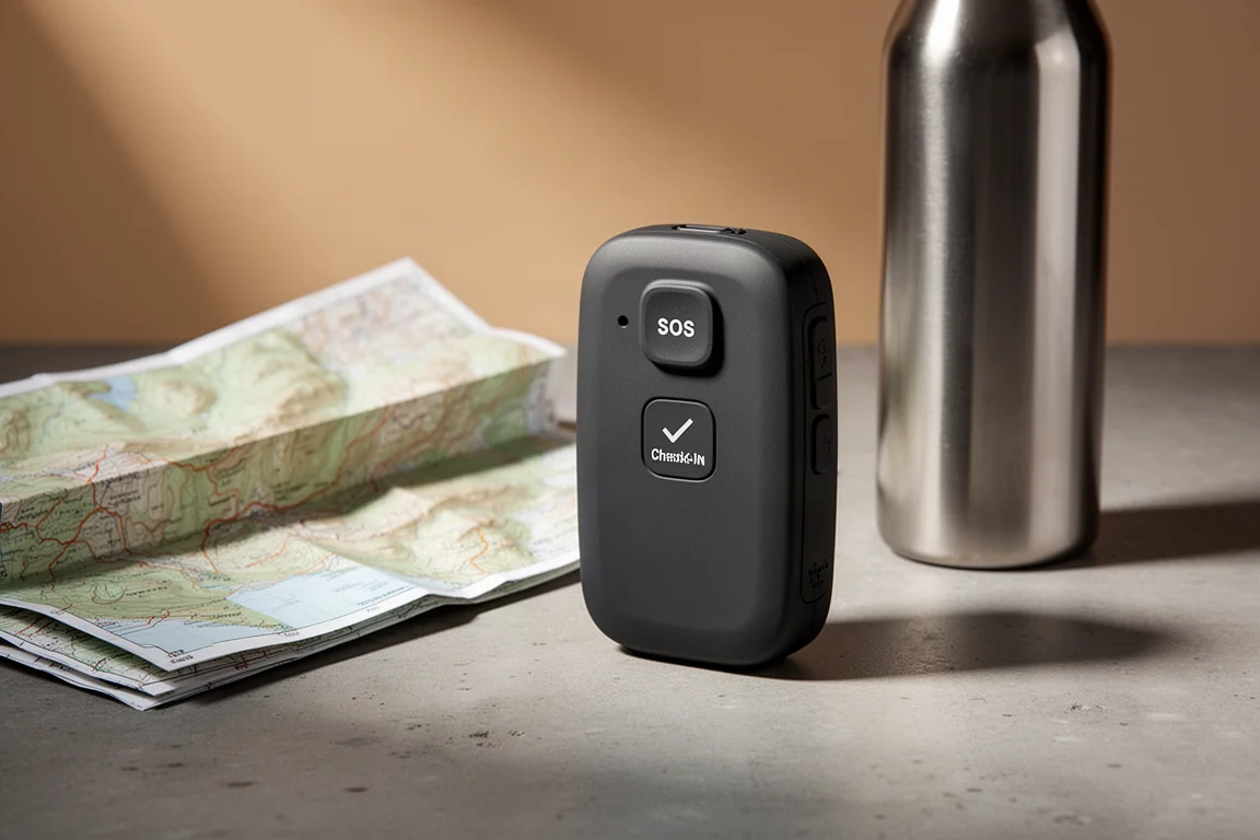 Compact black satellite communicator with SOS button on concrete beside a map