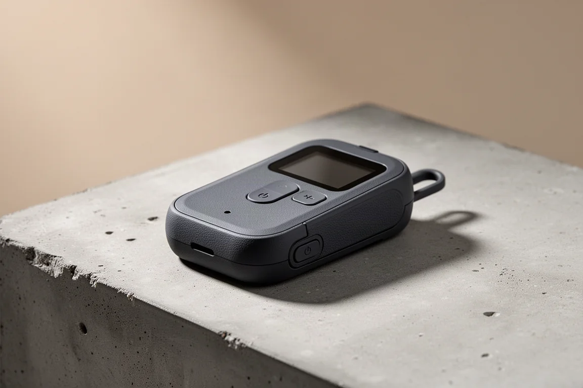 Compact dark grey satellite communicator resting on a matte concrete surface