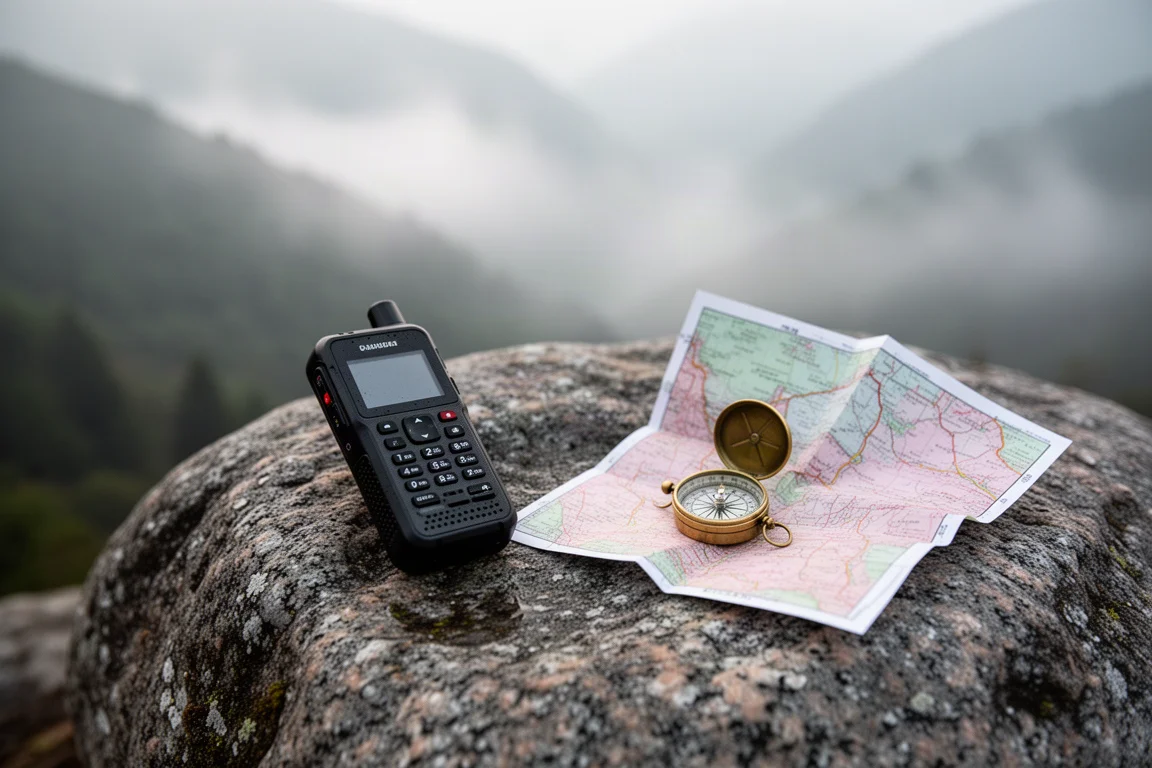 Vue à plat d'une carte topographique, d'une boussole, d'un communicateur et d'un câble sur du bois