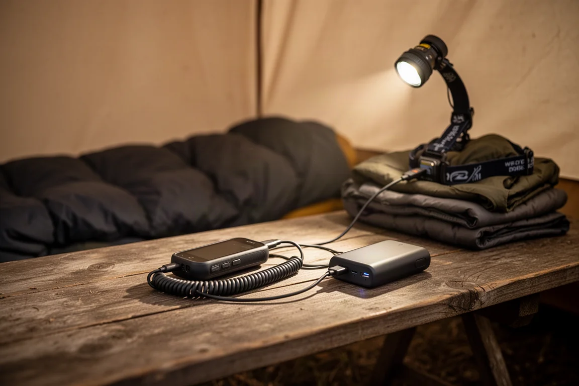 Câble de recharge branché sur un petit appareil gris posé sur une bûche moussue près d'une tente au crépuscule