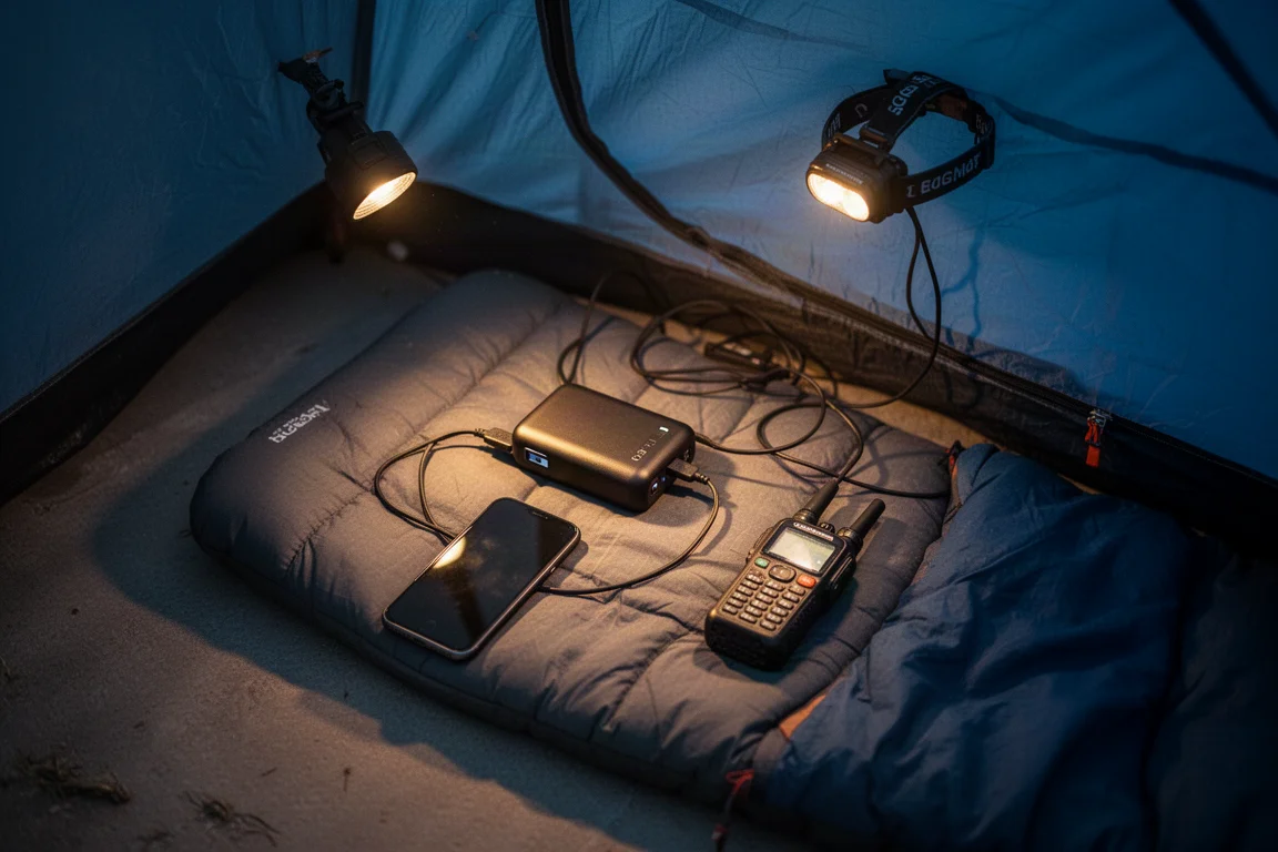 Platt layout ovanifrån av karta, kompass, första hjälpen-väska, powerbank och satellitkommunikator på betong