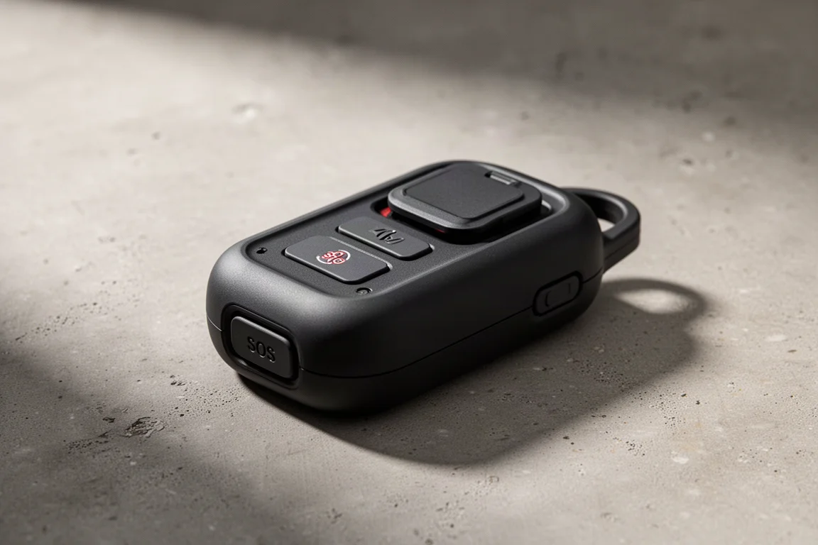 Compact satellite communicator with antenna and rubber button flap on a concrete surface