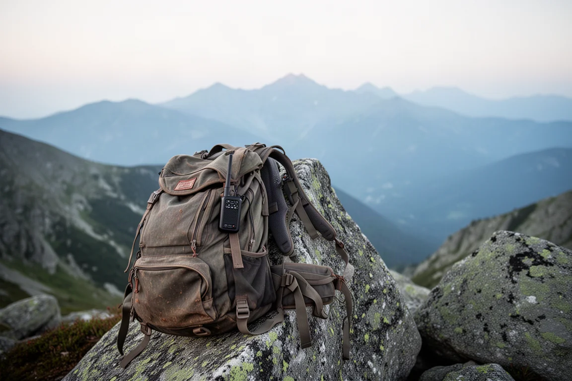Rucksack und Trekkingstöcke auf einer Granitplatte über einem nebligen Tal im Morgengrauen
