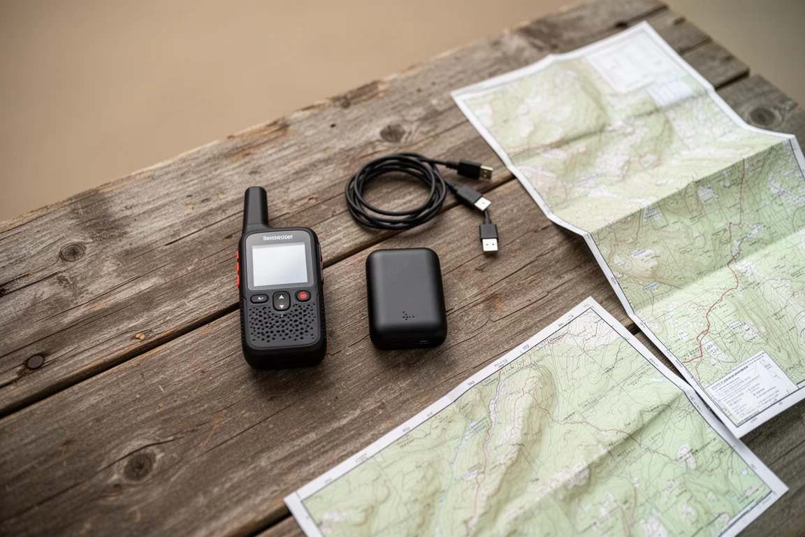 Draufsicht auf Backcountry-Essentials auf verwittertem Granit neben einem Dry Bag