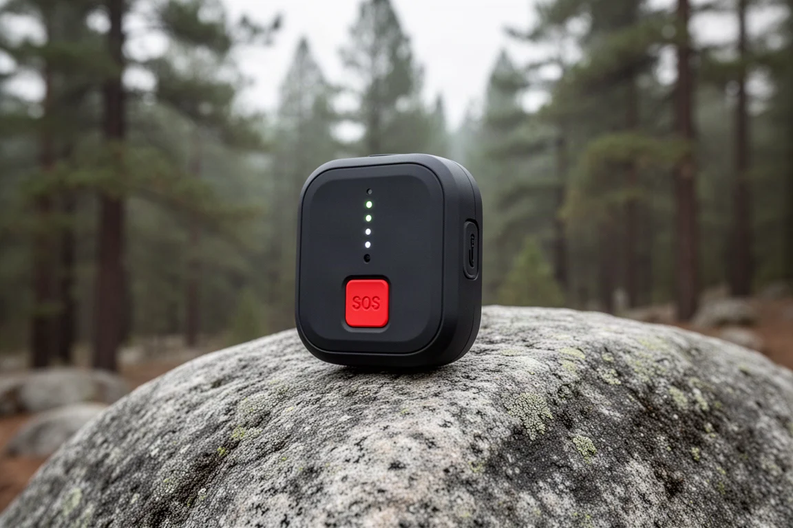 Compact dark grey satellite communicator with orange emergency button on a matte concrete surface