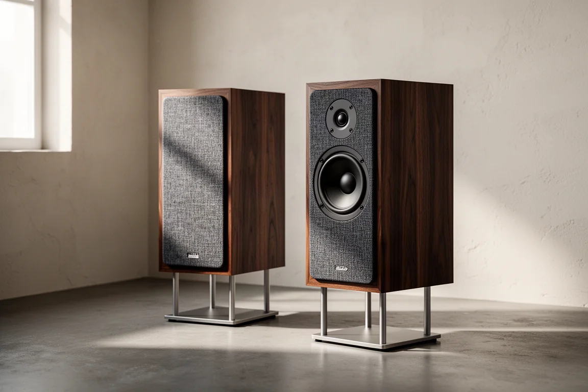 Pair of compact dark wood bookshelf speakers on stands in a minimal listening room