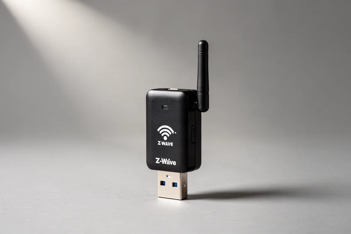 コンクリート表面にミニPC、USB無線スティック、ネットワークスイッチを配置したスマートホームハブのセットアップ