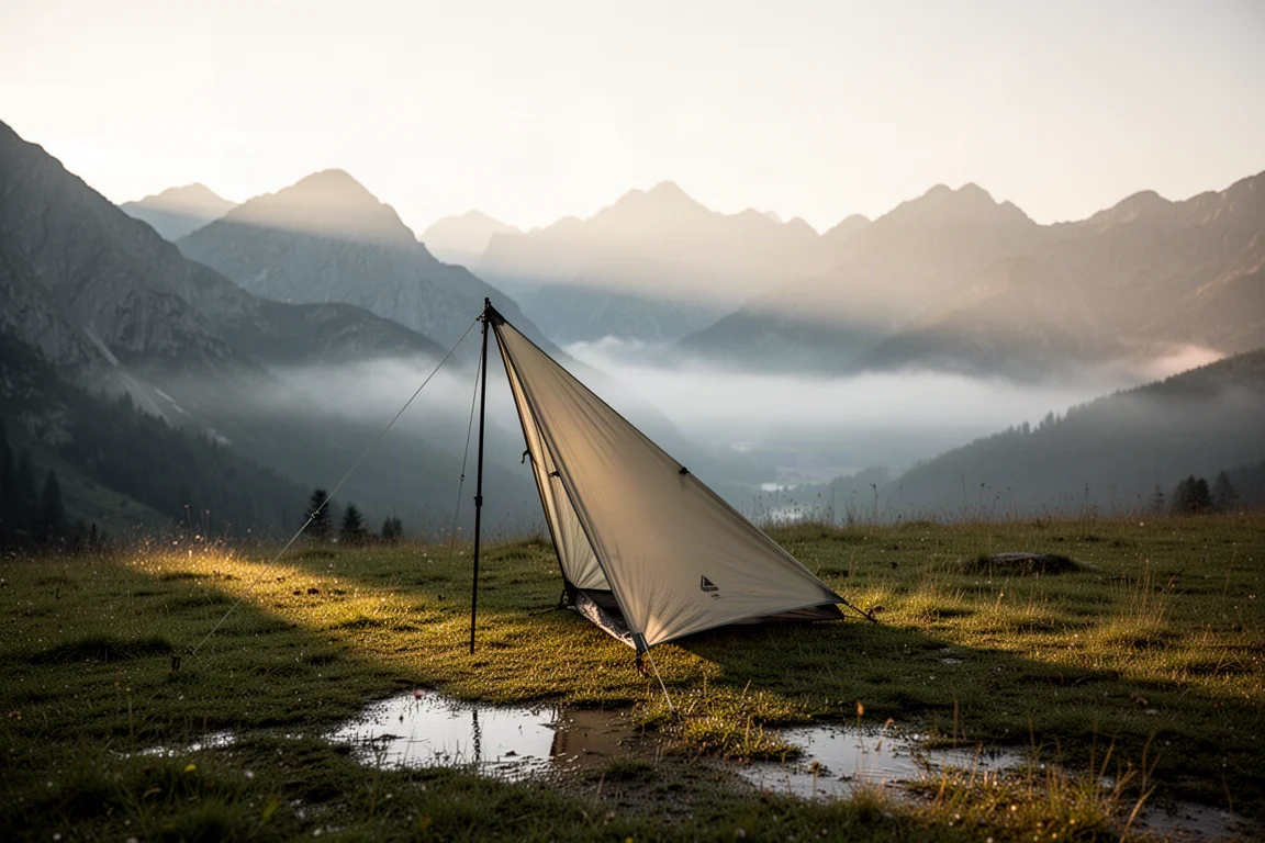 Acampamento alpino ao nascer do sol com pequeno abrigo montado em uma plataforma gramada