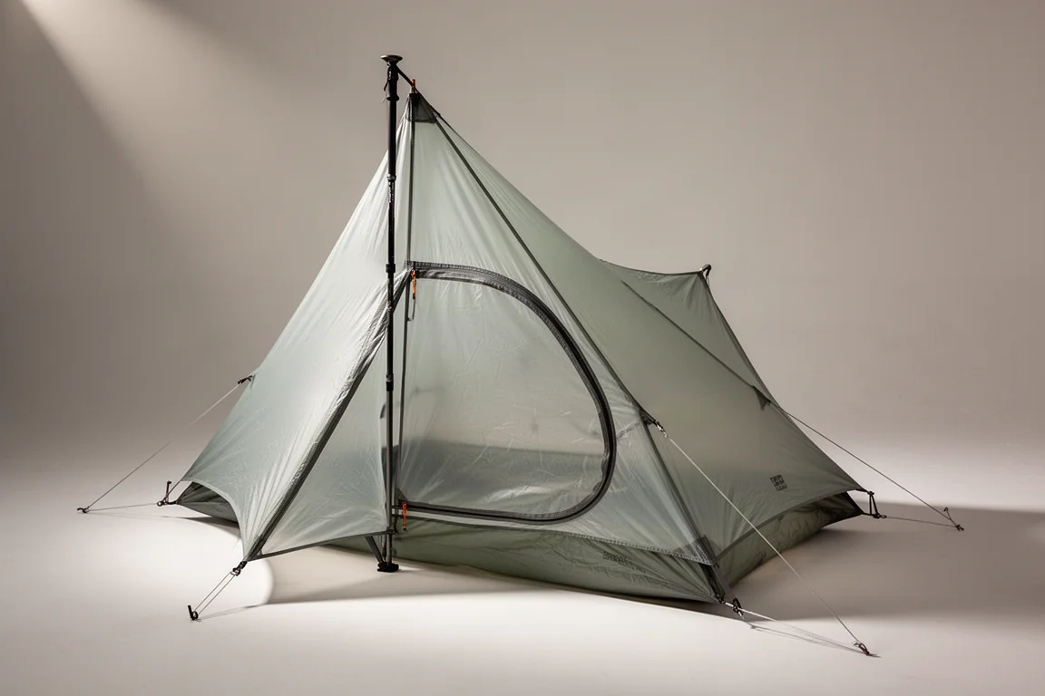 Ultralight single-pole backpacking tent pitched taut on a neutral grey studio backdrop