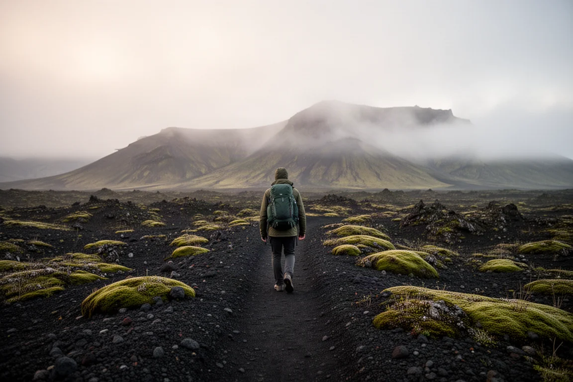 Hiker walking a volcanic trail in Iceland at dusk, seen from behind