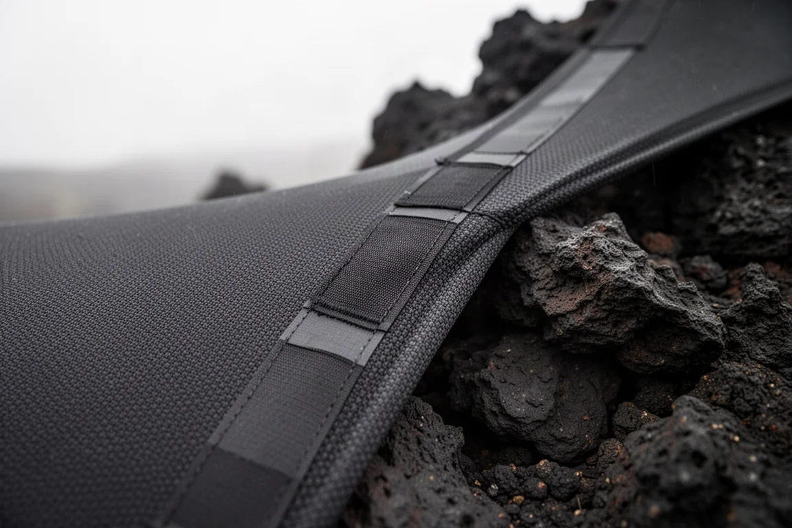 Close-up of dark technical pack fabric stretched over sharp volcanic rock