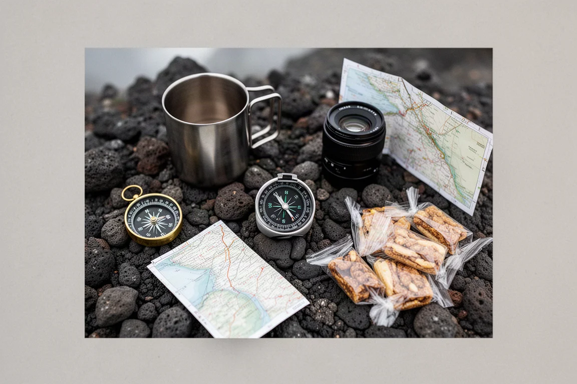 Flat-lay of hiking accessories on dark volcanic gravel