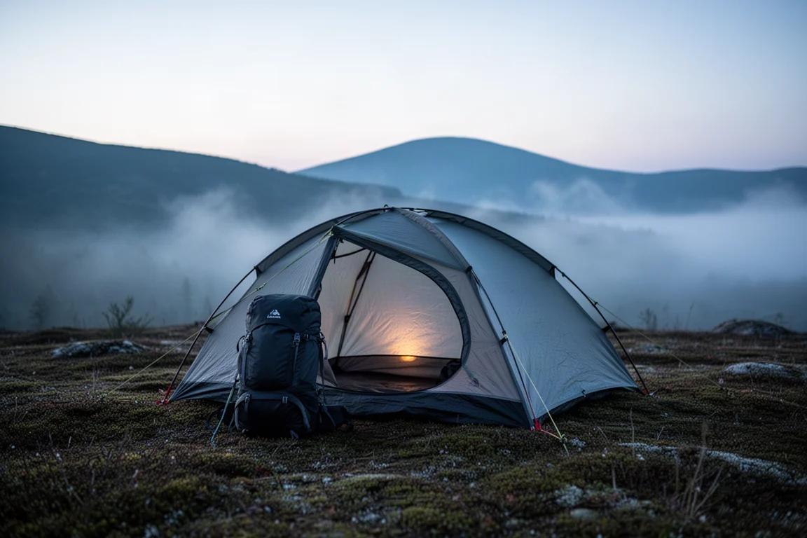 Small tent pitched on mossy ground at dusk beside a hiking pack