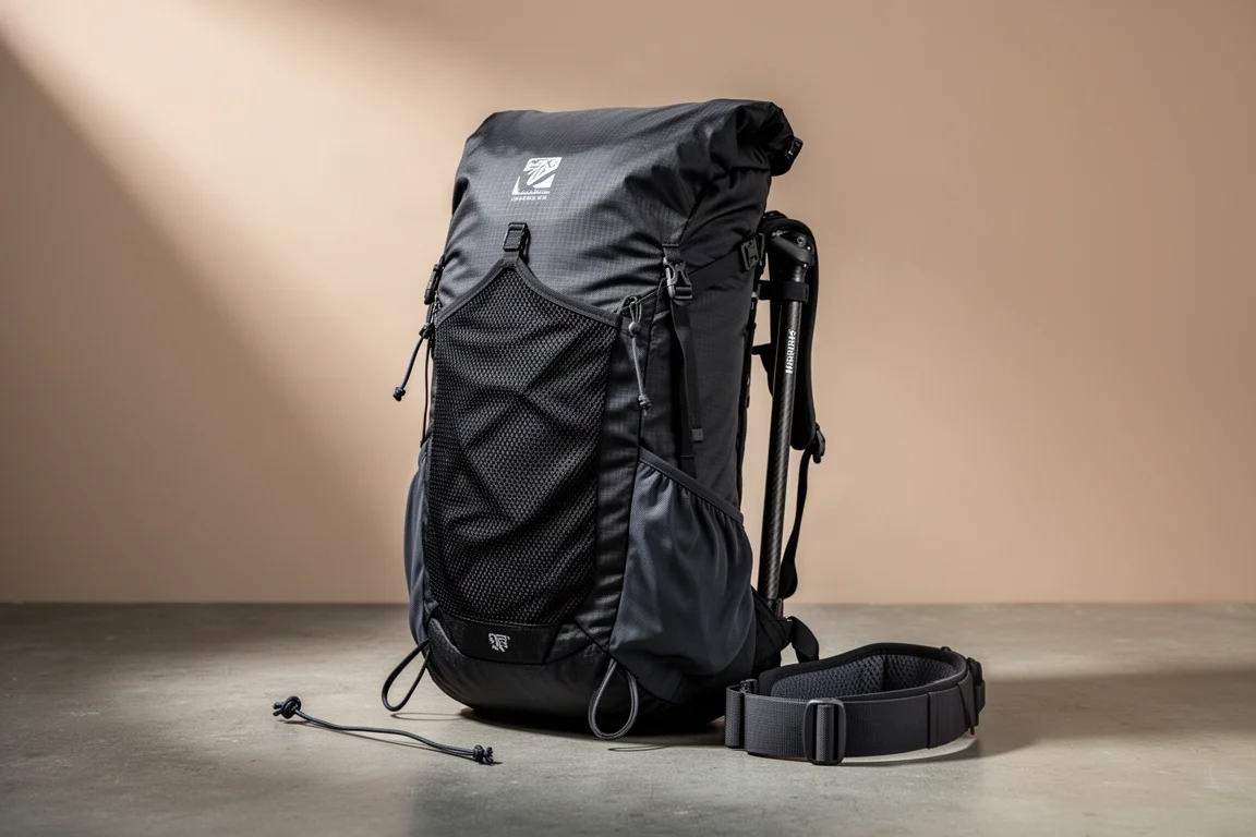 Black ultralight roll-top hiking backpack with carbon fibre frame on concrete surface