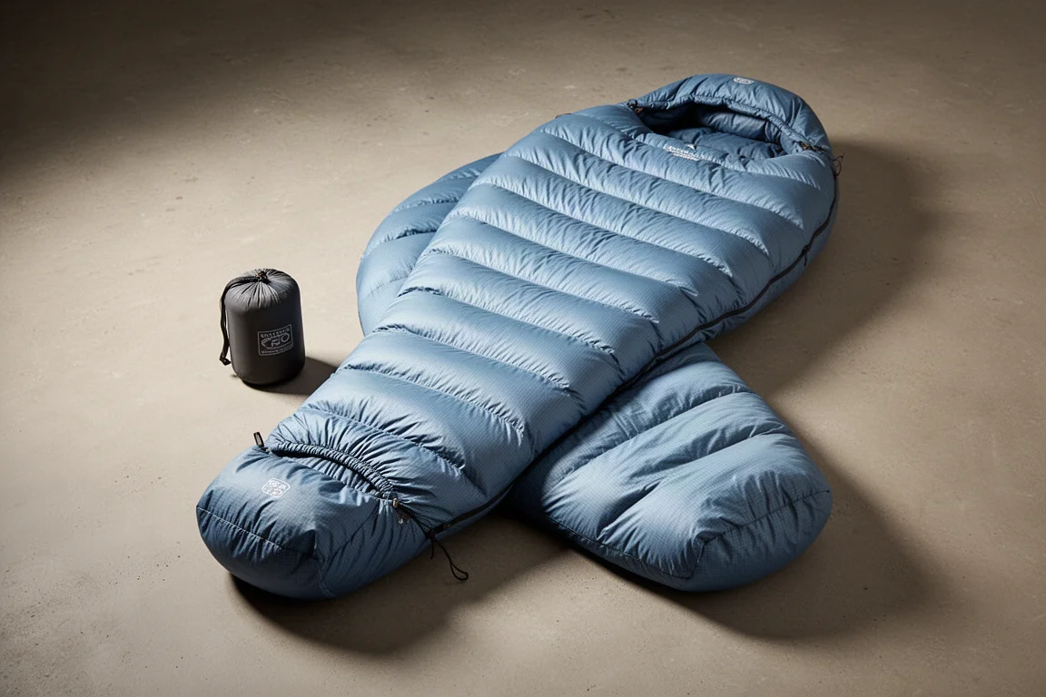 Blue hoodless ultralight down sleeping bag on concrete with a compressed stuff sack beside it