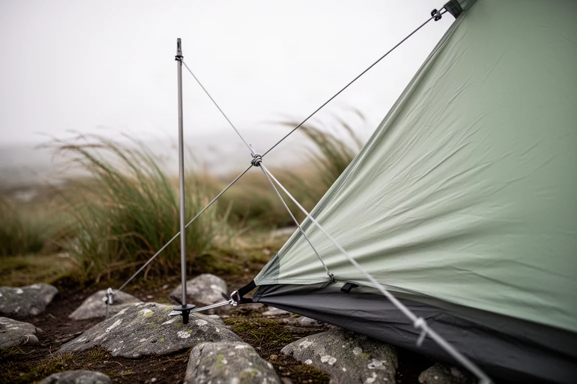 Abspannleine und Trekkingstock-Spitze eines Zelts unter Spannung bei starkem Wind