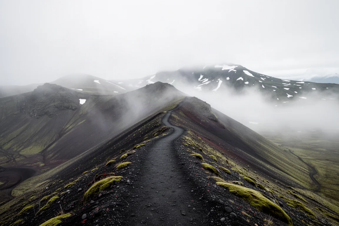 Geschwungener Hochlandweg über einen nebligen vulkanischen Grat in Island