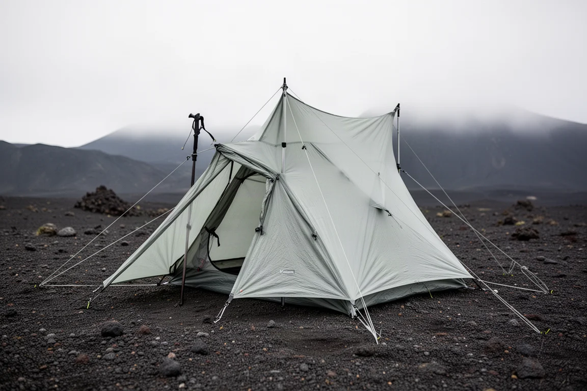 Ultralight Dyneema trekking-pole tent pitched low on a volcanic gravel plateau