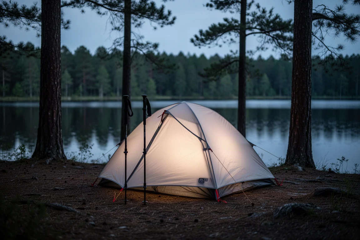 Ultralight trekking-pole tent pitched at a forested lakeshore campsite at dusk
