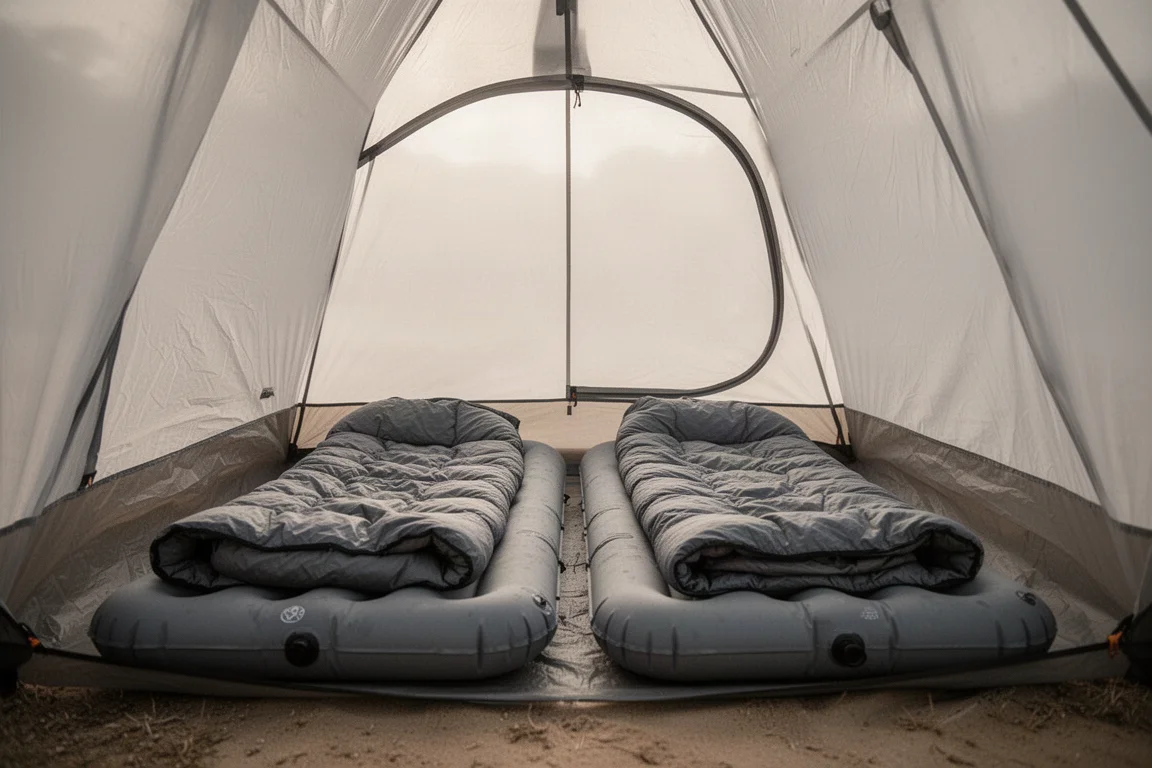 Two sleeping pads and quilts laid side by side inside a translucent single-wall tent