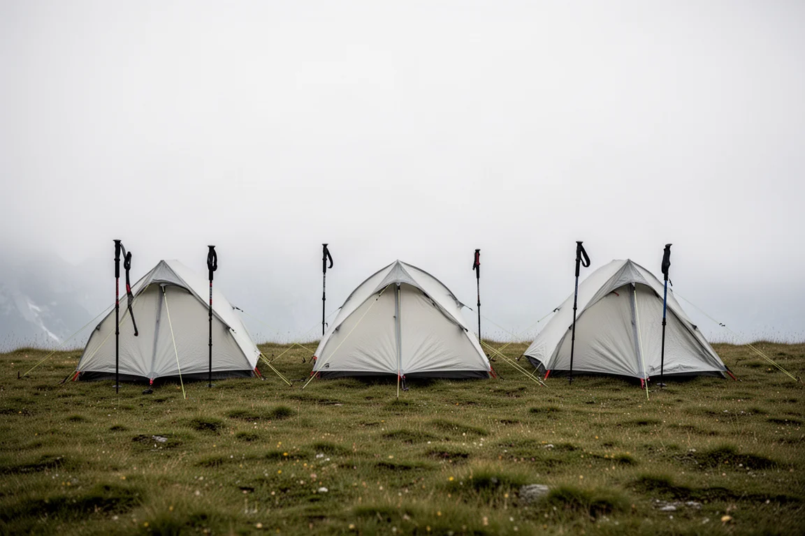 Three ultralight trekking-pole tents of different sizes pitched in a row on an alpine meadow
