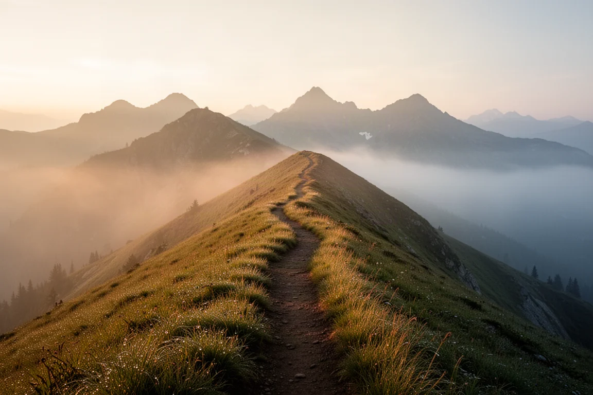 Misty ridgeline trail at sunrise stretching toward distant mountain layers