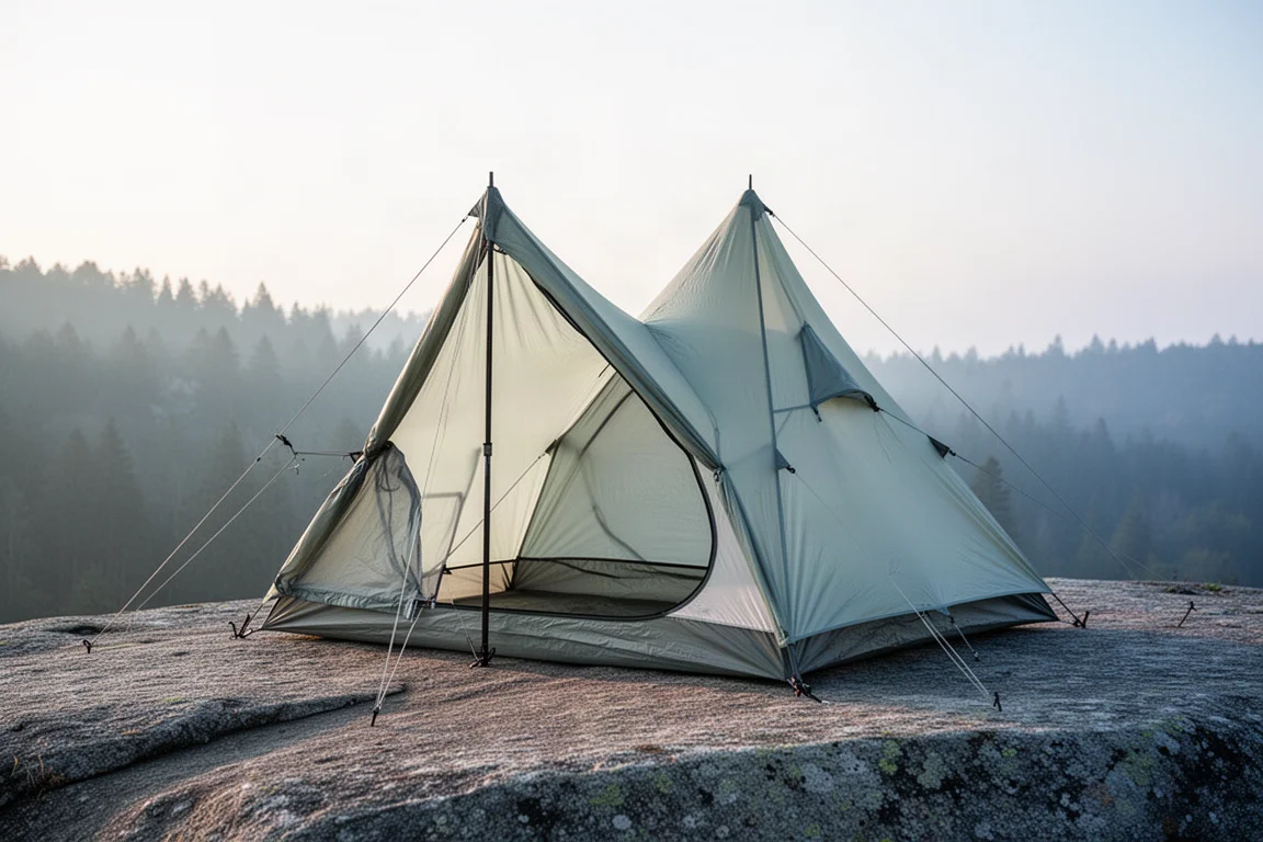 Ultralight two-person Dyneema tent pitched on a granite ledge at first light
