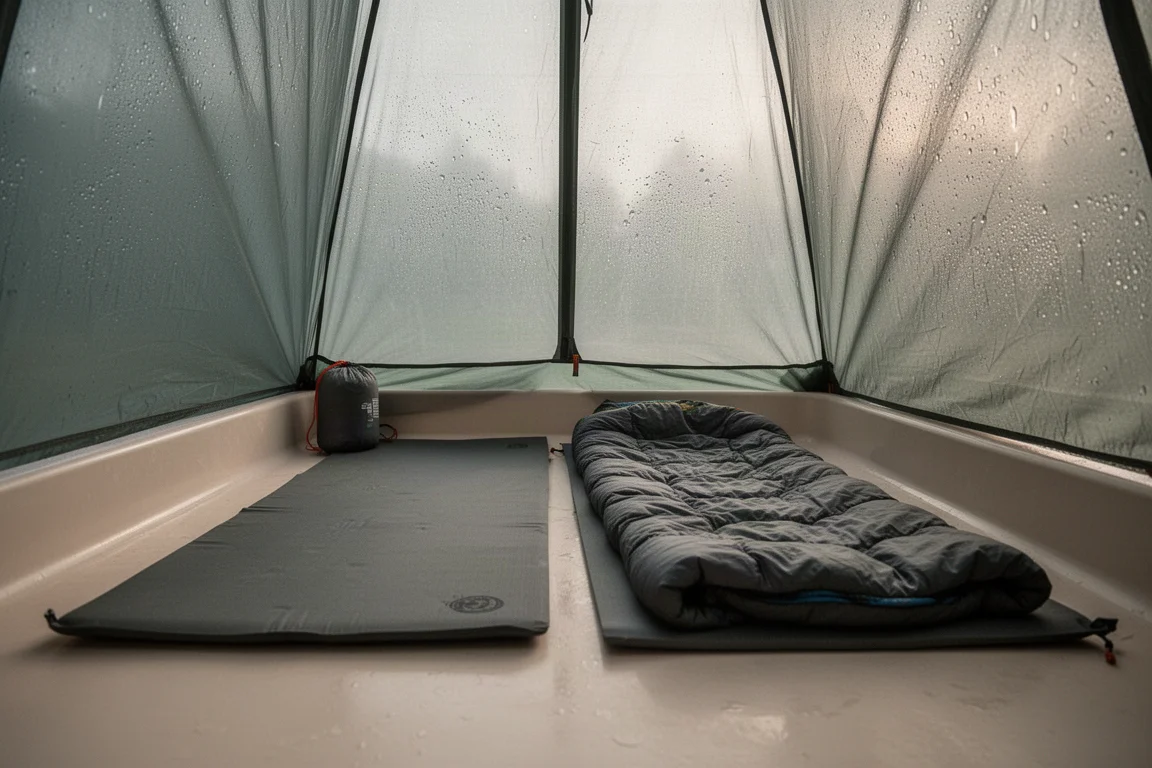 Interior of an ultralight single wall shelter with sleeping pads and quilt laid out