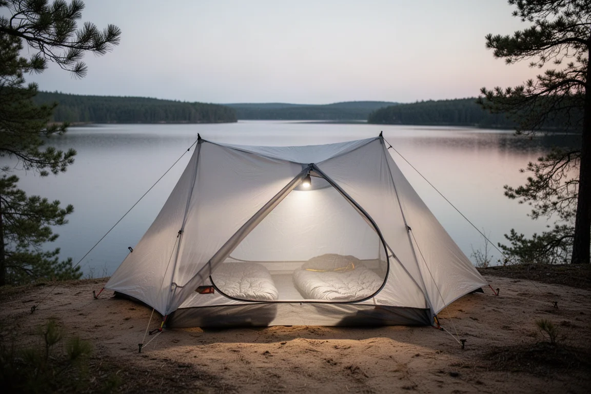 Wide ultralight shelter pitched at a lakeside campsite at dusk with warm light inside