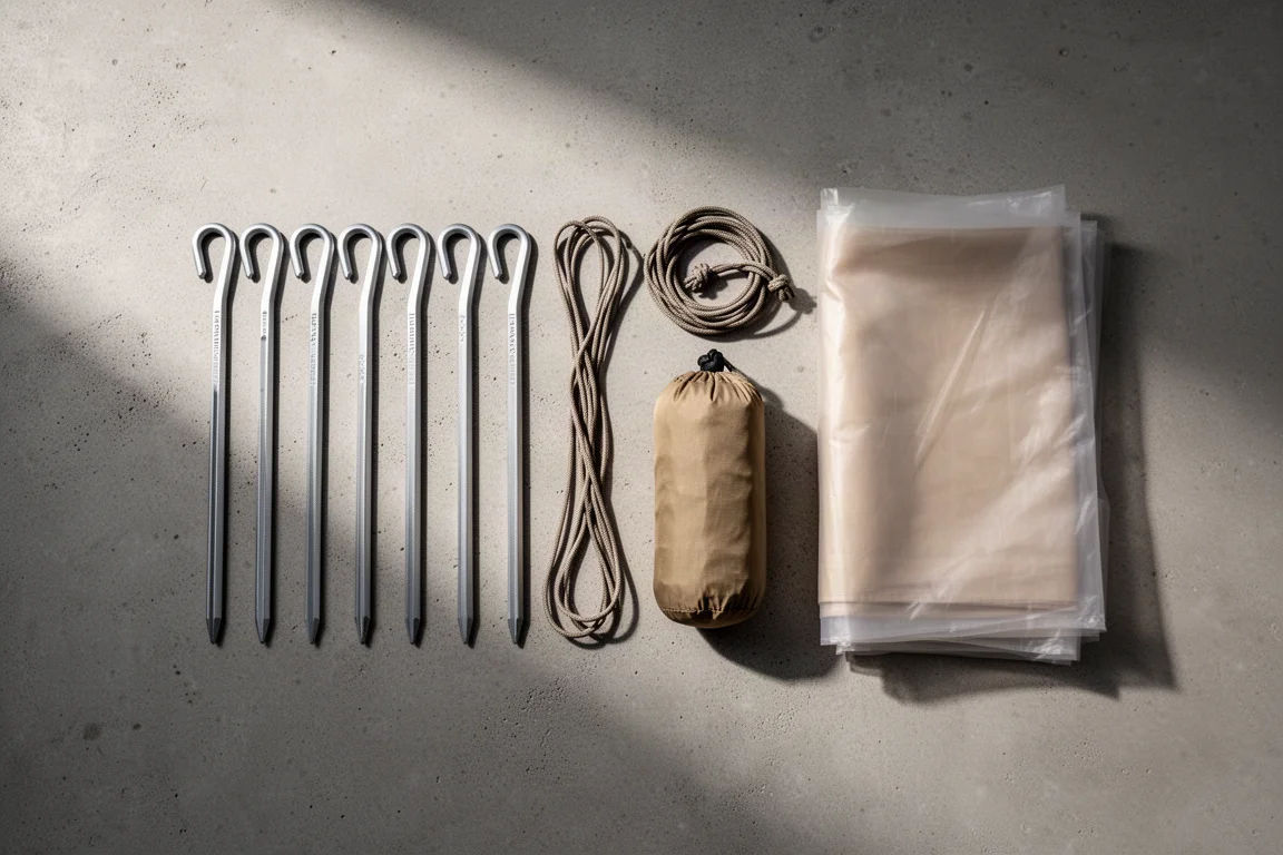 Overhead flat lay of eight lightweight tent stakes, guy lines, and a rolled stuff sack