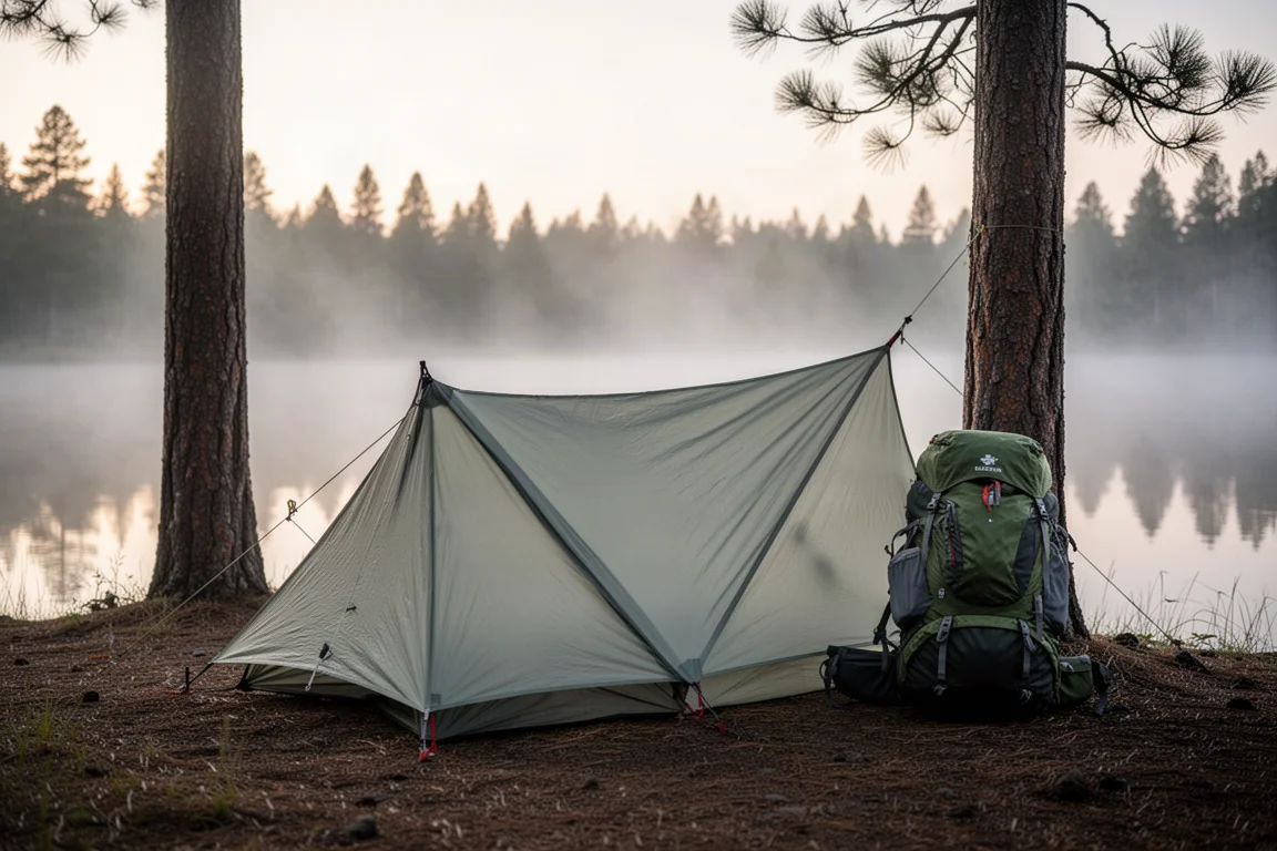 Ultralight shelter pitched at a misty lakeside camp at sunrise with a loaded backpack