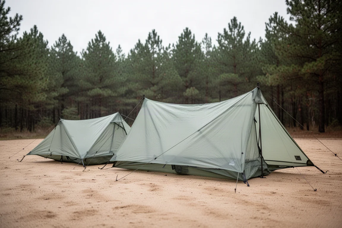 Three ultralight single wall backpacking shelters pitched side by side in a sandy forest clearing