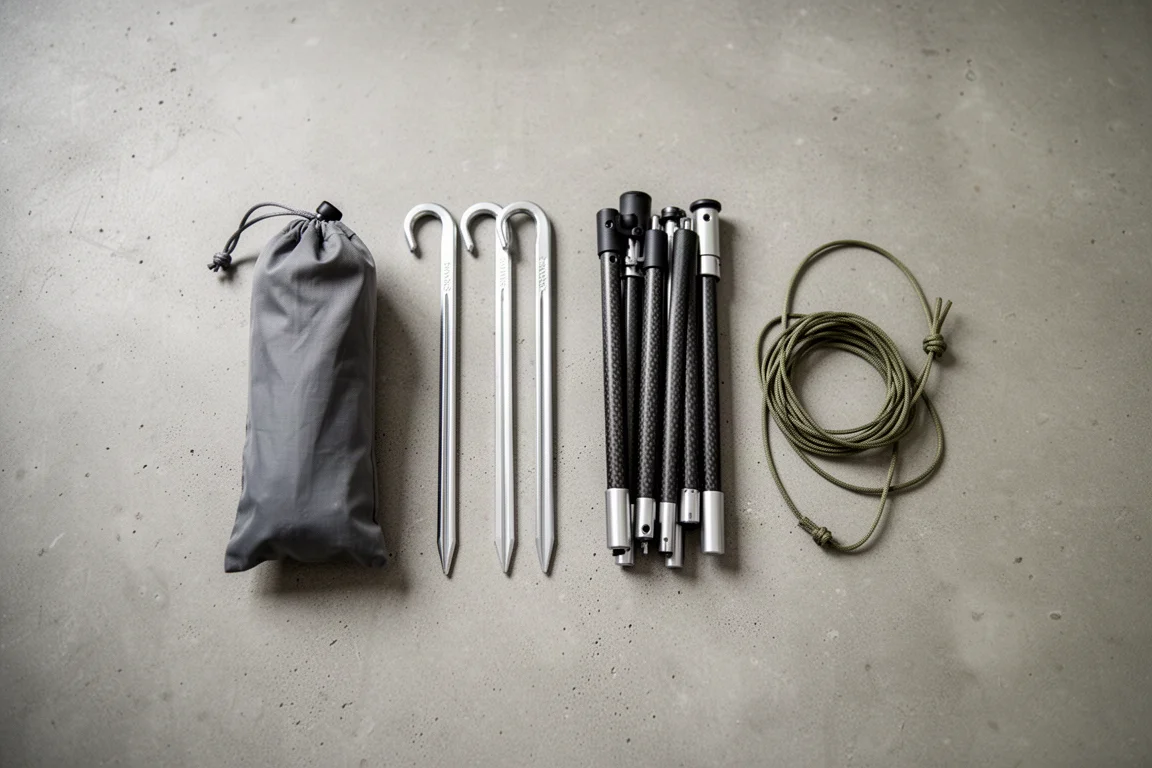Ultraleicht-Rucksack mit Trekkingstöcken lehnt an einem moosigen Baumstumpf am Waldweg