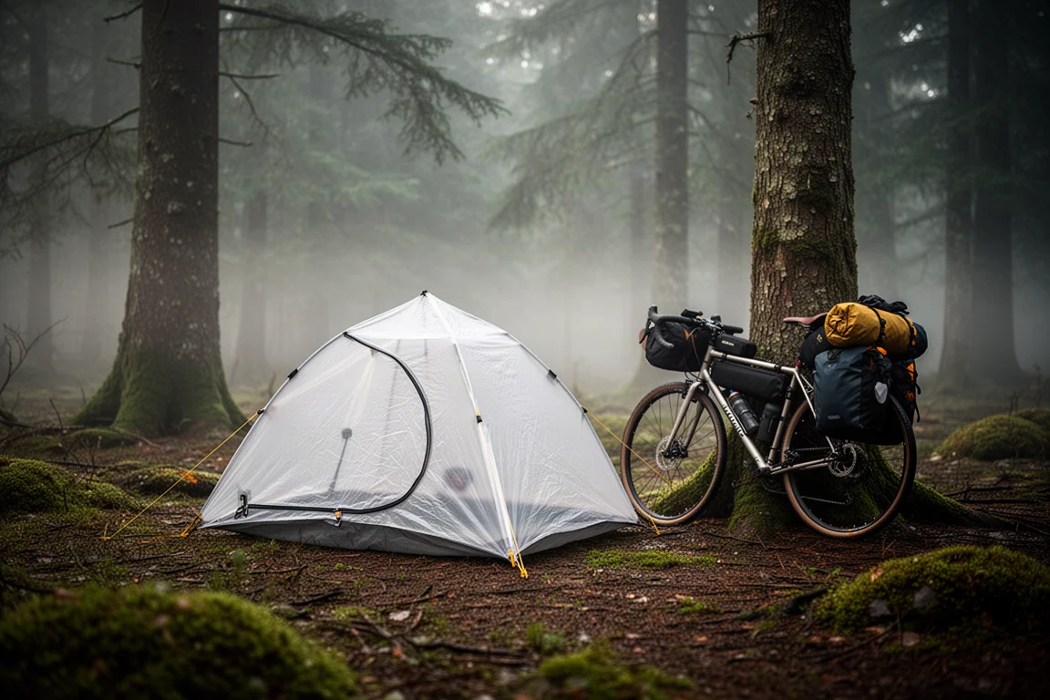 荷物を積んだツーリング自転車のそば、苔むした森に張られた半透明の超軽量テント