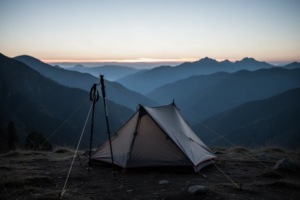 Campement minimaliste dans une prairie alpine à l'heure dorée avec un angle de tente piqueté