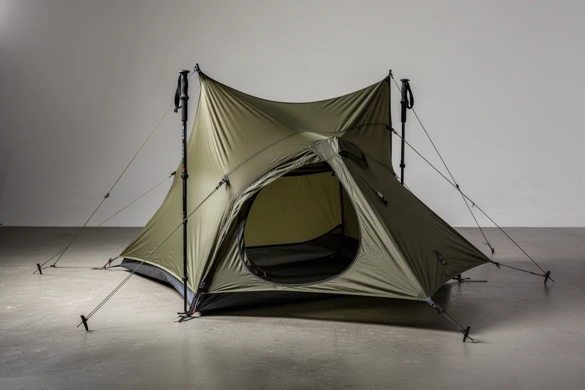 Olive drab ultralight trekking pole tent pitched taut on a neutral studio floor
