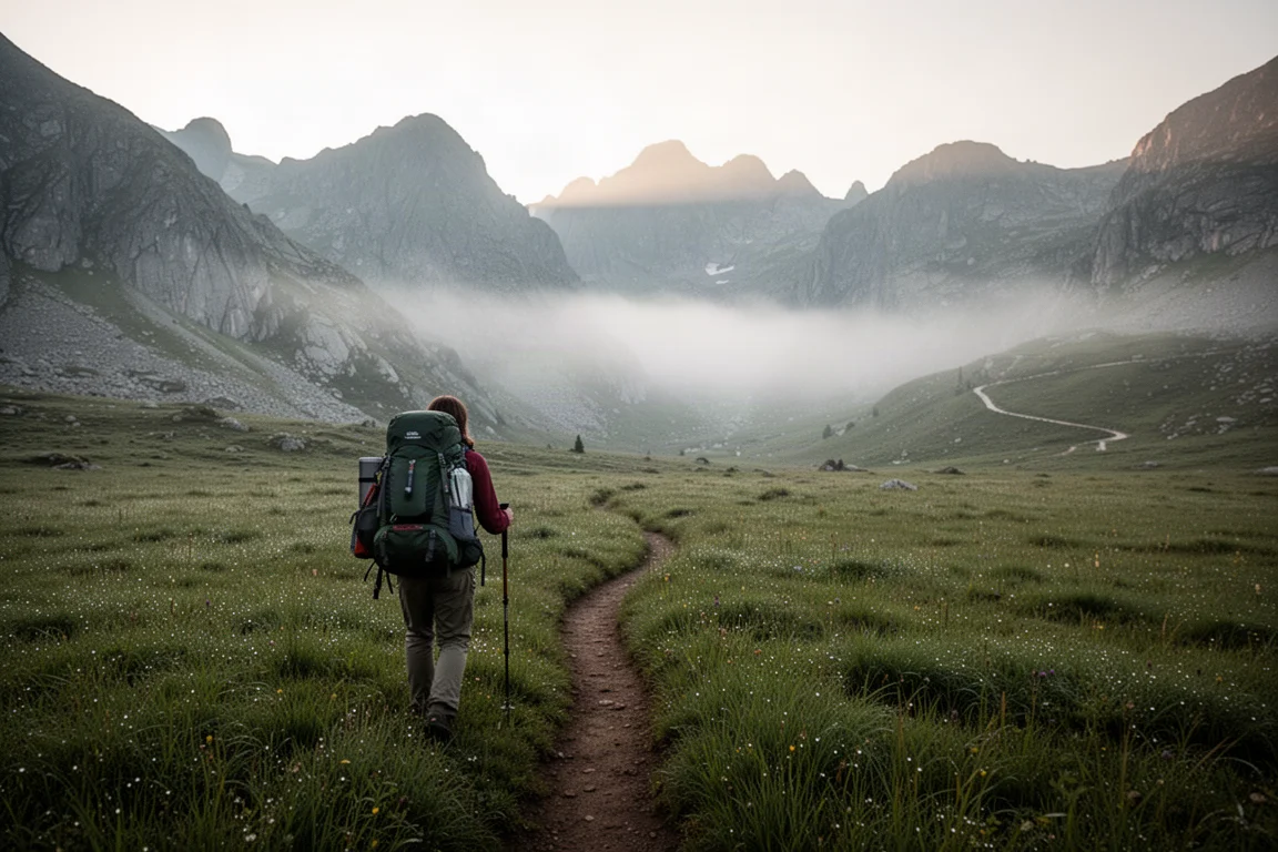 Randonneur solo ajustant un bâton de trekking au sommet d'une tente basse en Dyneema à l'aube