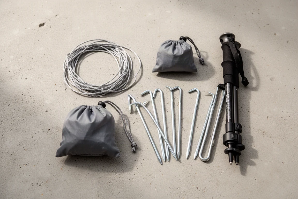 Vue à plat d'un kit d'abri de randonnée ultralégère sur une surface en béton