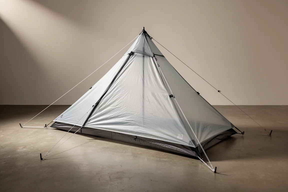 콘크리트 바닥 위에 설치된 완전 밀폐형 초경량 Dyneema 백패킹 텐트